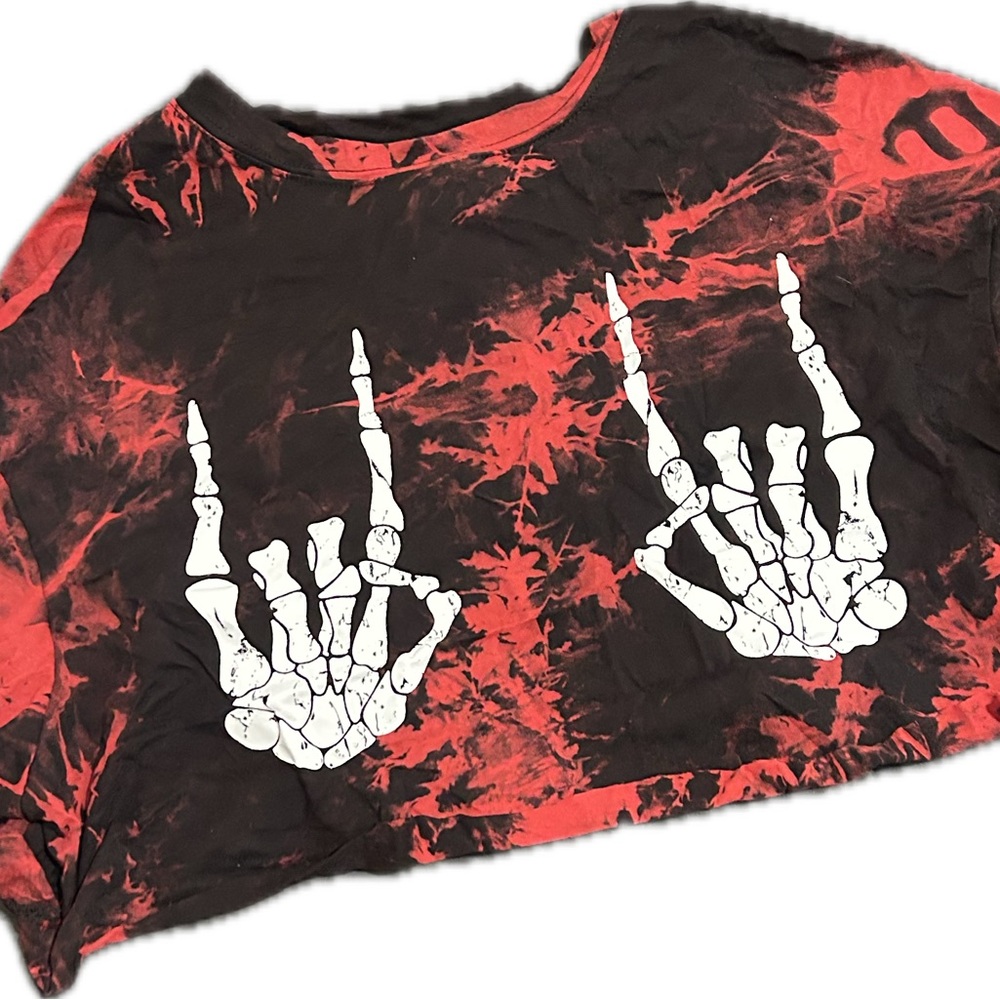 Red and Black Crop Top with Skeletal Hand Design